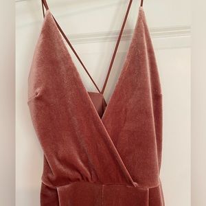 Dusty rose velvet jumpsuit with zipper back closure